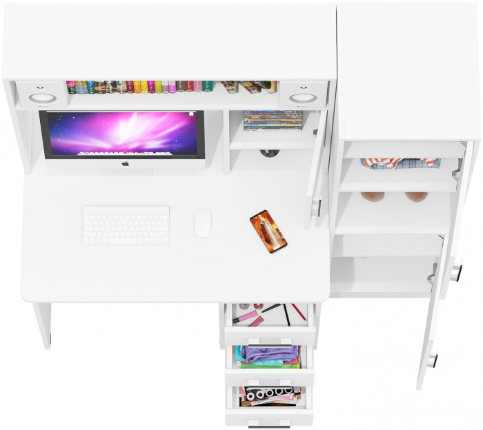 Стол компьютерный С-МД-СК9+Пенал С-МД-СК9П, цвет белый шагрень, ШхГхВ 145х70х160 см., НЕ универсальная сборка