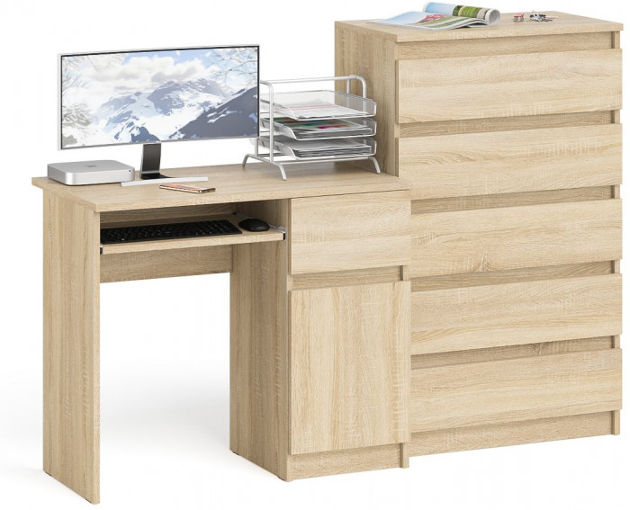 Мори Стол компьютерный МС-1 правый + Комод МК700.5, цвет дуб сонома, ШхГхВ 160,4х50х114 см., выдвижной ящик справа, НЕ универсальная сборка