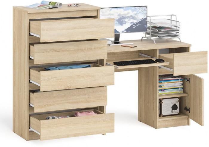Мори Стол компьютерный МС-1 правый + Комод МК700.5, цвет дуб сонома, ШхГхВ 160,4х50х114 см., выдвижной ящик справа, НЕ универсальная сборка