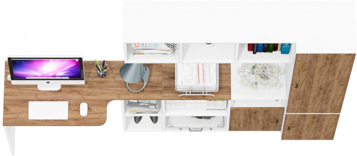 Лидер-8 Стол + Полка + Тумба МД 3.19 + Пенал МД 22Б, белый шагрень/крафт золото