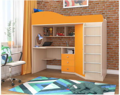 Кровать-чердак Кадет 1 с металлической лестницей (Дуб молочный/Оранжевый)