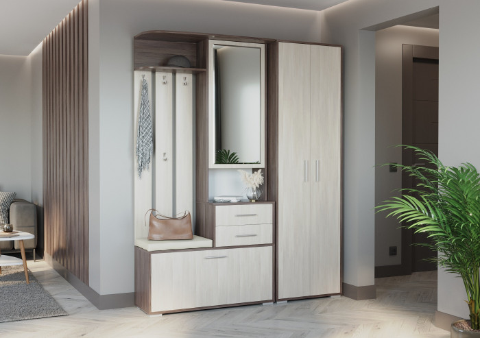 Прихожая 2-3430+2-3431бод.тем/св Домино - Комплект для прихожей, цвет бодега тёмный/бодега светлый, ШхГхВ 160х36х202 см., универсальная сборка