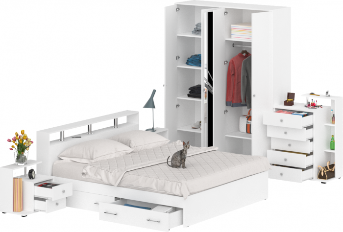 Камелия спальня № 11 Кровать с ящиками 1800 + Две тумбы + Комод + Шкаф 4-х створчатый, цвет белый, сп.м. 1800х2000 мм., б/м, основание есть
