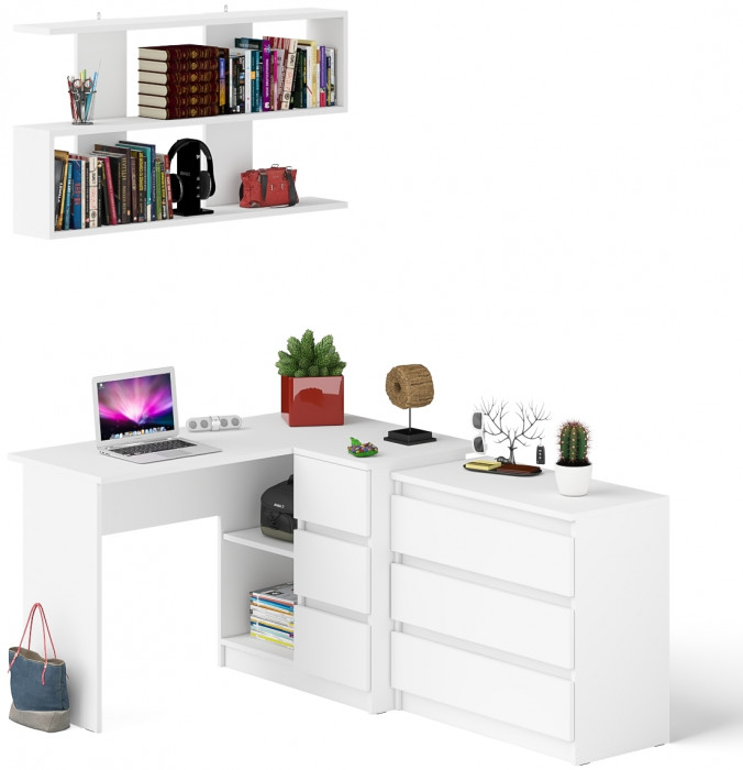 Мори компьютерный стол МС-16 правый + Комод МК800.1 + Полка 1200, белый