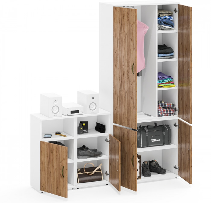 Лидер-8 Шкаф МД 20Б + Тумба МД 3.19 + Тумба МД 3.19, цвет белый шагрень/крафт золото, ШхГхВ 160х37,5х190 см., НЕ универсальная сборка