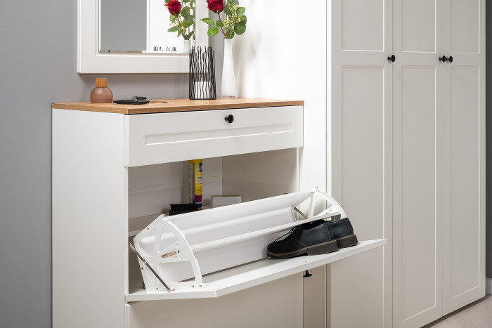 Остин 16.121 Тумба для обуви + 15.12 Вешалка, белый шагрень/дуб крафт золотой