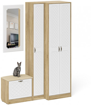 Прихожая П-6 Компоновка № 26, дуб сонома/фасады МДФ белое дерево фрезеровка ромб