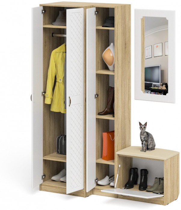 Прихожая П-6 Компоновка № 26, дуб сонома/фасады МДФ белое дерево фрезеровка ромб