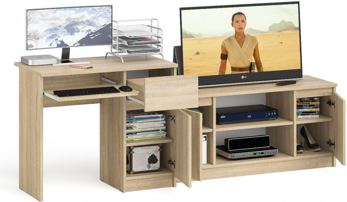 Мори компьютерный стол МС-1 правый + Тумба МТВ1200.1, дуб сонома