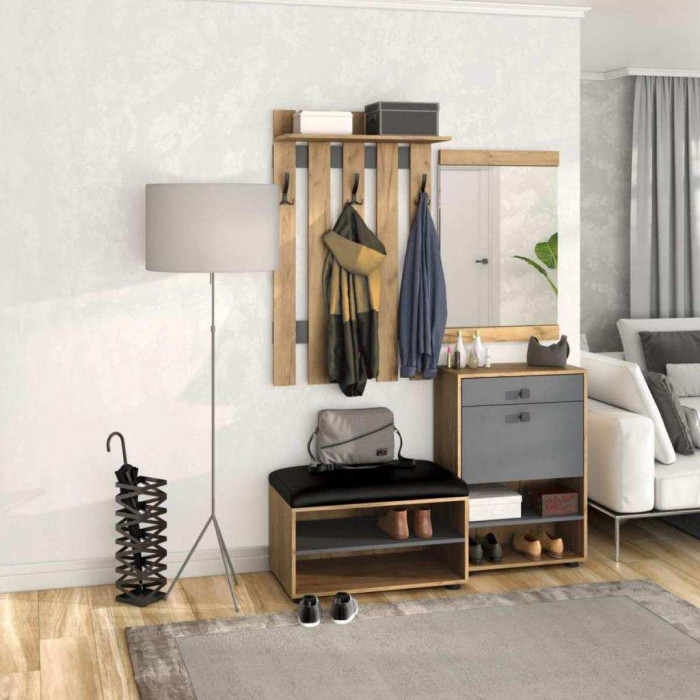 Обувница Мини-Лайт МЛ-8 дуб крафт/графит/черный к/з