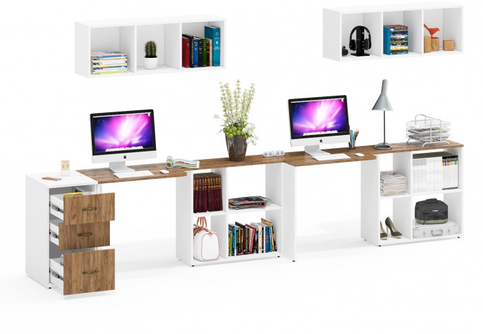 Лидер-8 Стол + Полка + Стол + Полка + Тумба МД 3.16, белый шагрень/крафт золото