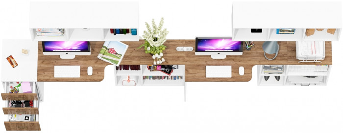 Лидер-8 Стол + Полка + Стол + Полка + Тумба МД 3.16, белый шагрень/крафт золото