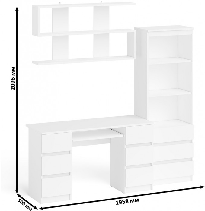 Мори компьютерный стол МС-2 + Стеллаж МСТ600.3 + Полка 1200, белый