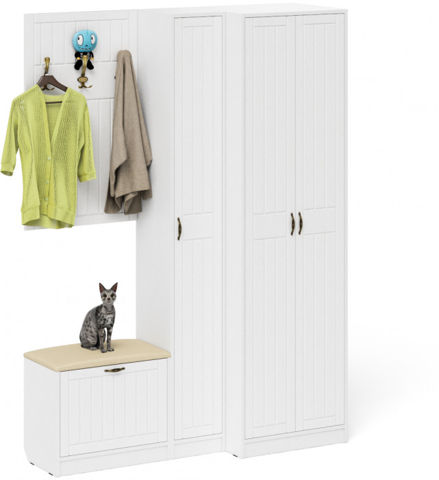 Прихожая П-6 Компоновка № 27, белая шагрень/фасады МДФ белое дерево фрезеровка прованс