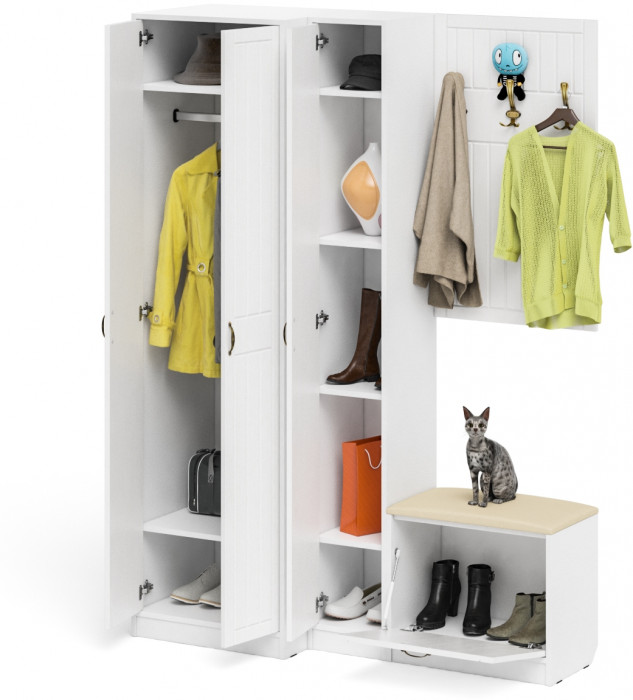 Прихожая П-6 Компоновка № 27, белая шагрень/фасады МДФ белое дерево фрезеровка прованс