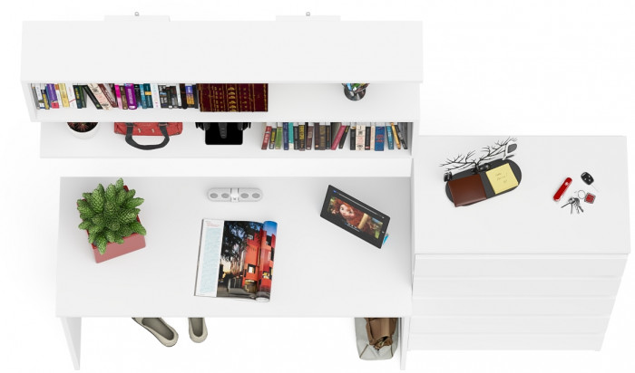 Мори Стол письменный МСП1200.1 + Комод МК700.5 + Полка 1200, цвет белый, ШхГхВ 190,8х50х209,6 см., универсальная сборка