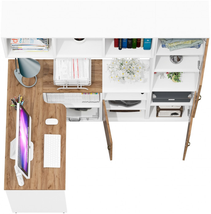 Лидер-8 Стол + Полка + Тумба МД 3.19 + Пенал, белый шагрень/крафт золото