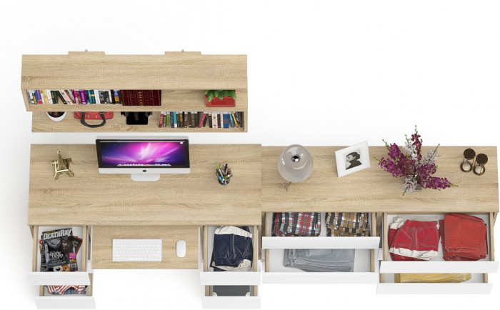 Мори компьютерный стол МС-2 + Комод МК1380.6 + Полка 1200, дуб сонома/белый