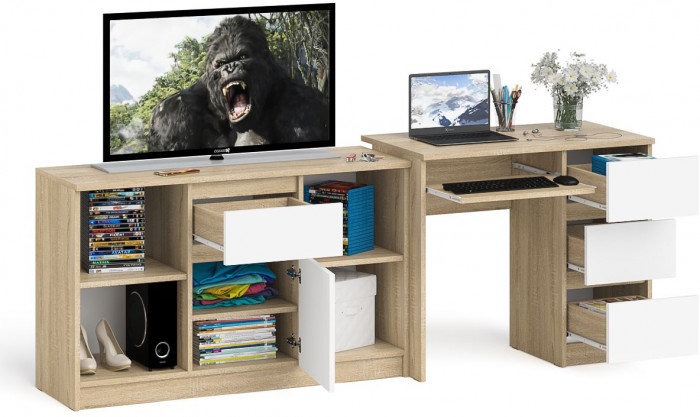 Мори компьютерный стол МС-6 правый + Тумба МТВ1204.1, дуб сонома/белый