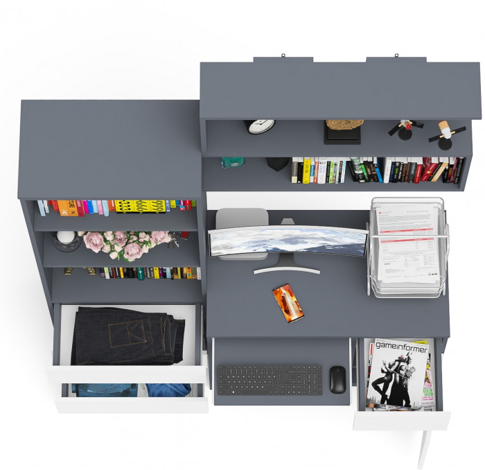 Мори Стол компьютерный МС-1 правый + Стеллаж МСТ600.3 + Полка 900, цвет графит/белый, ШхГхВ 150,4х50х209,6 см., НЕ универсальная сборка