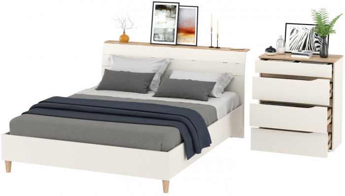 Муссон Кровать 11.41 + ортопед + Комод 13.97, цвет белый/дуб эндгрейн элегантный, сп. м. 1600х2000 мм., б/м