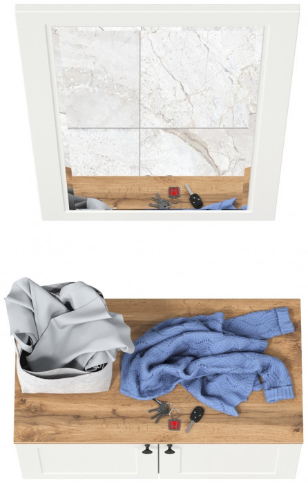 Остин 13.257 Тумба + 17.03 Зеркало, цвет белый шагрень/дуб крафт золотой, ШхГхВ 80х41,9х210 см.