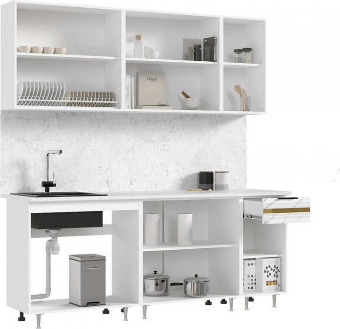 Кухня МДФ Милена 2000 (Белый, Мрамор белый софт/Мрамор блэк софт, Антарес)