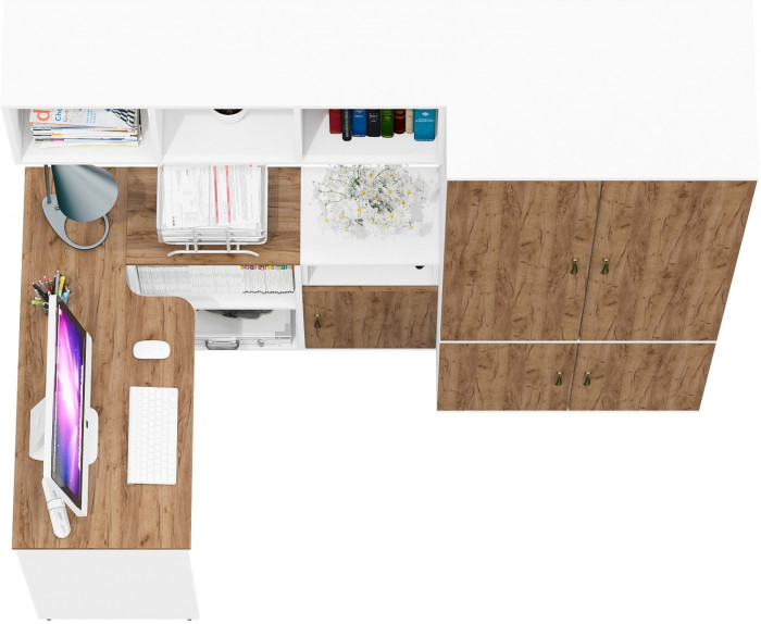 Лидер-8 Стол + Полка + Тумба МД 3.19 + Шкаф МД 19Б, белый шагрень/крафт золото