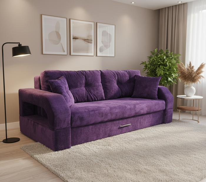 Диван-еврокнижка Манчестер 160х200, с подсветкой 08, велюр фиолетовый
