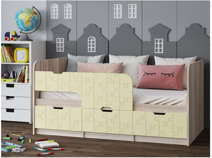 Детская кровать Юниор-9, 80х180 (Белый глянец, Ясень шимо светлый)