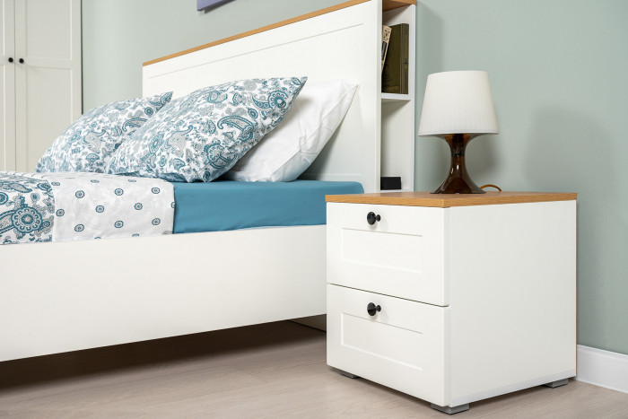 Остин 11.53 Кровать + ортопед + 16.152 Тумба прикроватная + 13.257 Тумба, белый шагрень/дуб крафт золотой