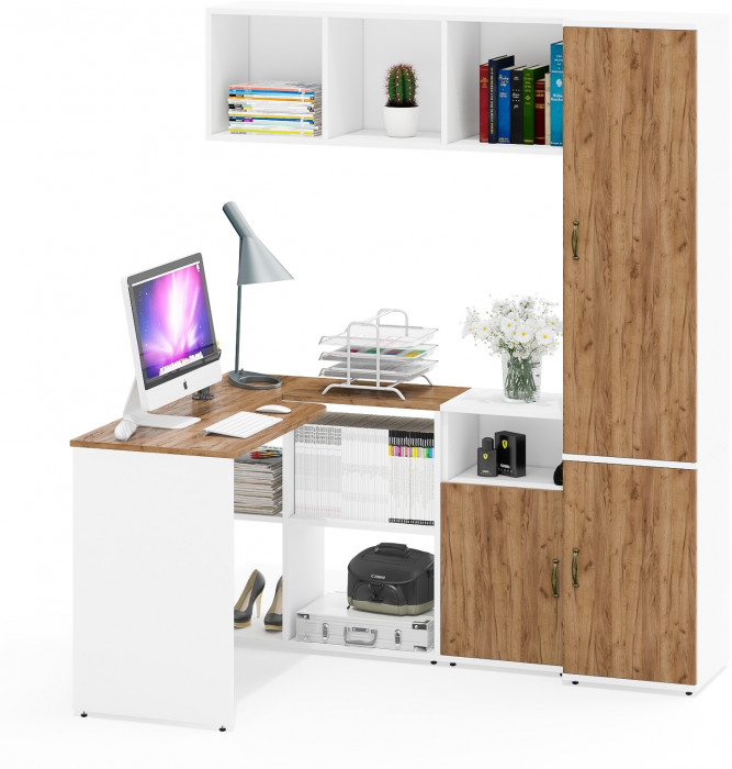 Лидер-8 Стол + Полка + Тумба МД 3.19 + Пенал МД 21Б, цвет белый шагрень/крафт золото, ШхГхВ 245х50/37,5х75/190 или 115х160/50х75/190 см., НЕ ун. сб.