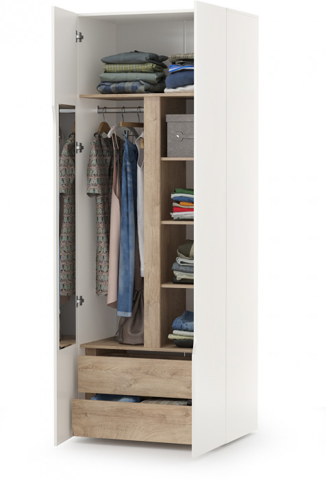 Муссон 13.198 Шкаф двухстворчатый, цвет белый/дуб эндгрейн элегантный, ШхГхВ 87,4х52,2х229,8 см., 2 ящика и зеркало внутри, универс. сборка наполнения