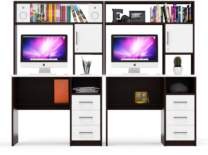 Стол компьютерный С-МД-СК9+Стол компьютерный С-МД-СК9, цвет венге/белый шагрень, ШхГхВ 204х70х160 см., НЕ универсальная сборка