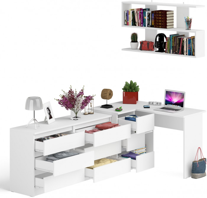 Мори компьютерный стол МС-16 левый + Комод МК1380.6 + Полка 1200, белый
