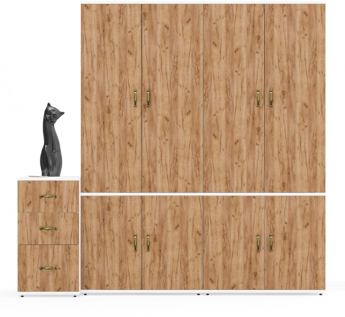 Лидер-8 Шкаф МД 20Б + Шкаф МД 20Б + Тумба МД 3.16, цвет белый шагрень/крафт золото, ШхГхВ 200х50х190 см., НЕ универсальная сборка