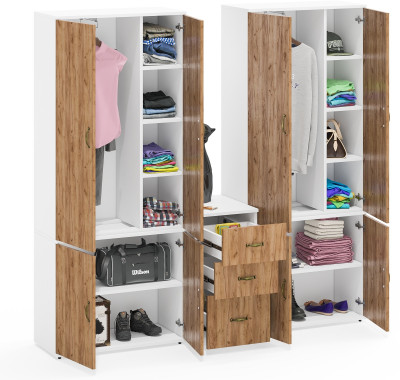 Лидер-8 Шкаф МД 20Б + Шкаф МД 20Б + Тумба МД 3.16, цвет белый шагрень/крафт золото, ШхГхВ 200х50х190 см., НЕ универсальная сборка