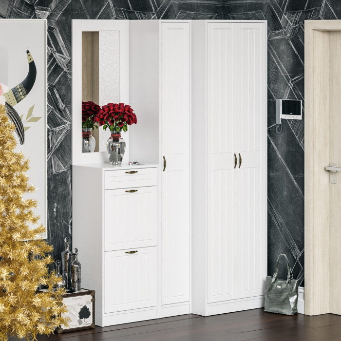 Прихожая П-6-350 Пенал, цвет белая шагрень/фасады МДФ белое дерево фрезеровка прованс, ШхГхВ 30х35х210 см., универсальная сборка