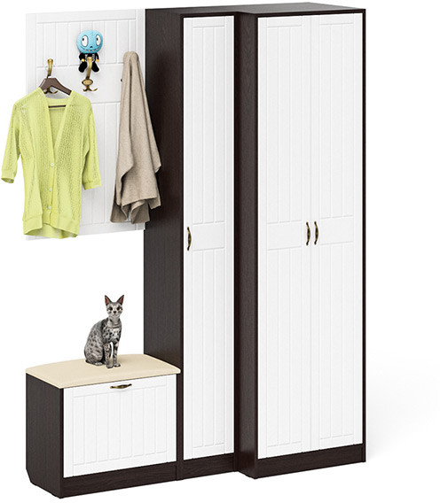 Прихожая П-6 Компоновка № 27, венге/фасады МДФ белое дерево фрезеровка прованс