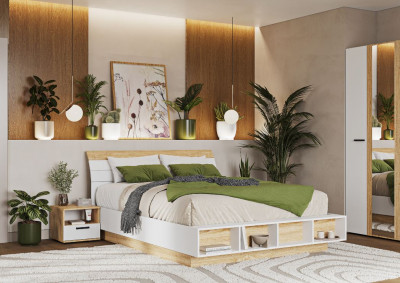 САНСА КР-03 Кровать 1.8х2.0 Фасад ДУБ СОНОМА/Корпус БЕЛЫЙ,ДУБ СОНОМА