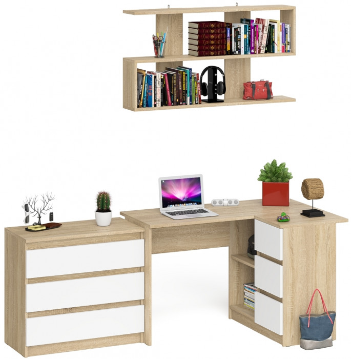 Мори компьютерный стол МС-16 правый + Комод МК800.1 + Полка 1200, дуб сонома/белый