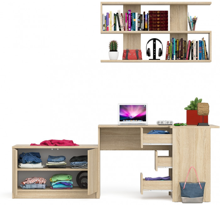 Мори Стол компьютерный МС-16 правый + Тумба МА900.1 + Полка 1200, цвет дуб сонома, ШхГхВ 214,8х84,9х209,6 см., НЕ универсальная сборка