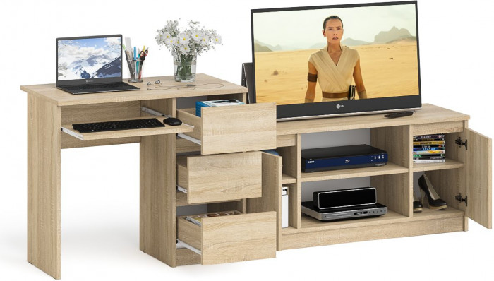 Мори Стол компьютерный МС-6 правый + Тумба МТВ1200.1, цвет дуб сонома, ШхГхВ 210,4х50х76,6 см., выдвижные ящики справа, НЕ универсальная сборка