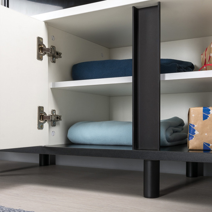 Муссон Кровать 11.41 + ортопед + Тумба 16.03 + Комод 13.97 + Тумба ТВ 13.276, цвет белый/чёрный/дуб эндгрейн элегантный, сп. м. 1600х2000 мм., б/м