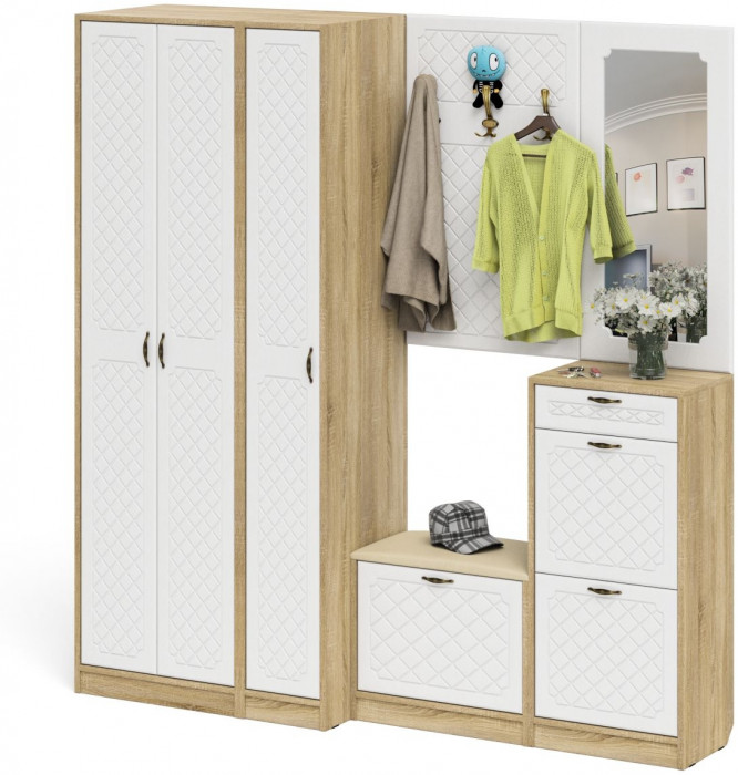 Прихожая П-6 Компоновка № 51, цвет дуб сонома/фасады МДФ белое дерево фрезеровка ромб, ШхГхВ 200х50х210 см., универсальная сборка