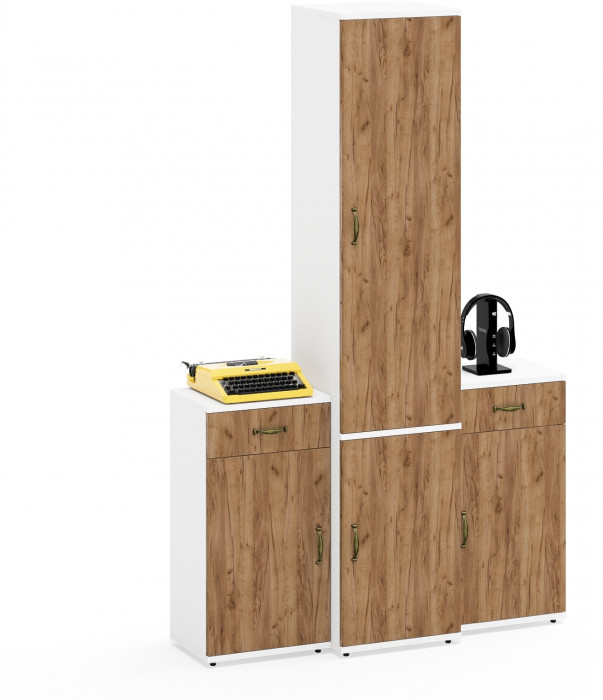 Лидер-8 Пенал МД 22Б + Тумба МД 3.15 + Тумба МД 3.15, белый шагрень/крафт золото