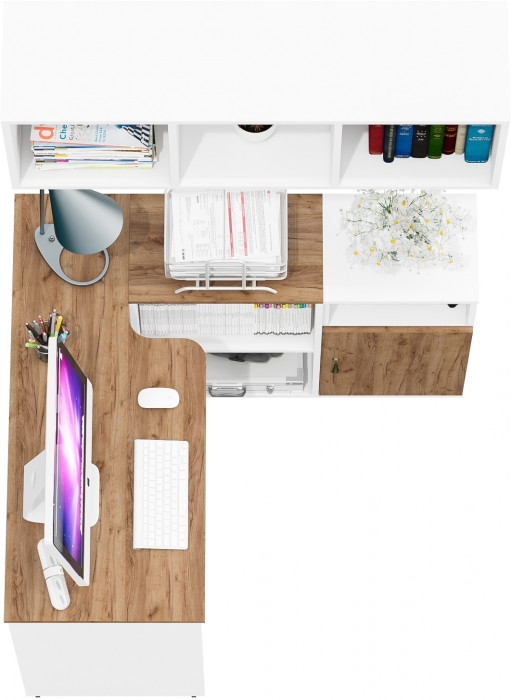 Лидер-8 Стол + Полка + Тумба МД 3.19, белый шагрень/крафт золото