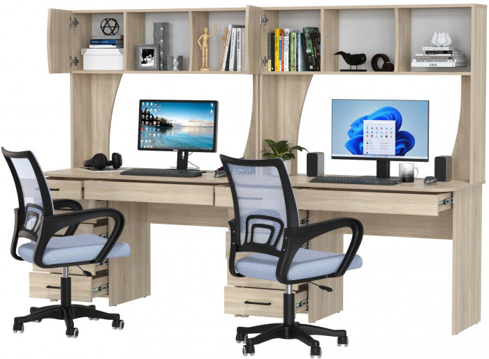 Два стола рабочих 6-0606 Сигма + два кресла 103 серых, цвет дуб сонома, ШхГхВ 241х60,5х166 см., НЕ универсальная сборка