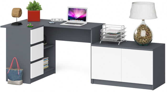 Мори компьютерный стол МС-16 левый + Тумба МА900.1, графит/белый