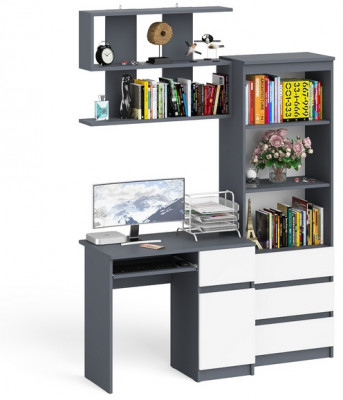 Мори компьютерный стол МС-6 левый + Комод МК800.1 + Полка 900, графит/белый
